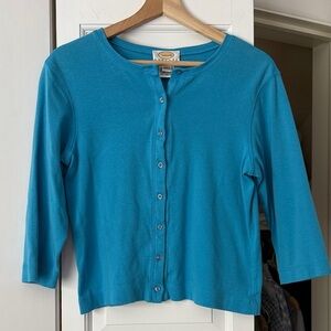 TALBOTS Teal Blue 100% Cotton Button-Up Cardigan – Size Medium Petite